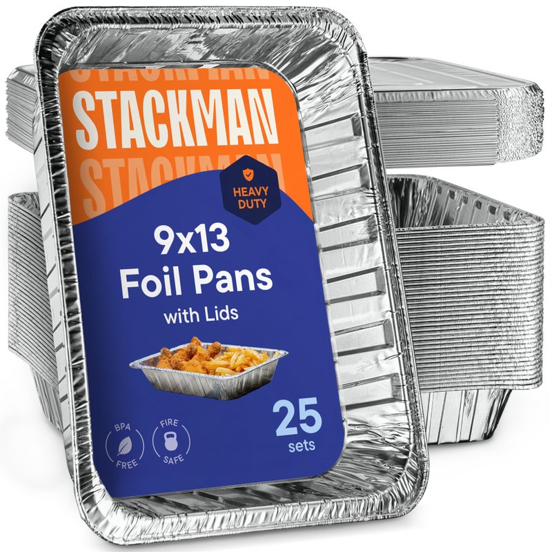 Aluminum Pans 9x13 Disposable Aluminum Foil Pans with Lids 25Sets Large Baking Pan Trays  Heavy Duty Tin Tray  Lid  Half Size Chafing Dishes for Roasting Cooking Heating or Steam