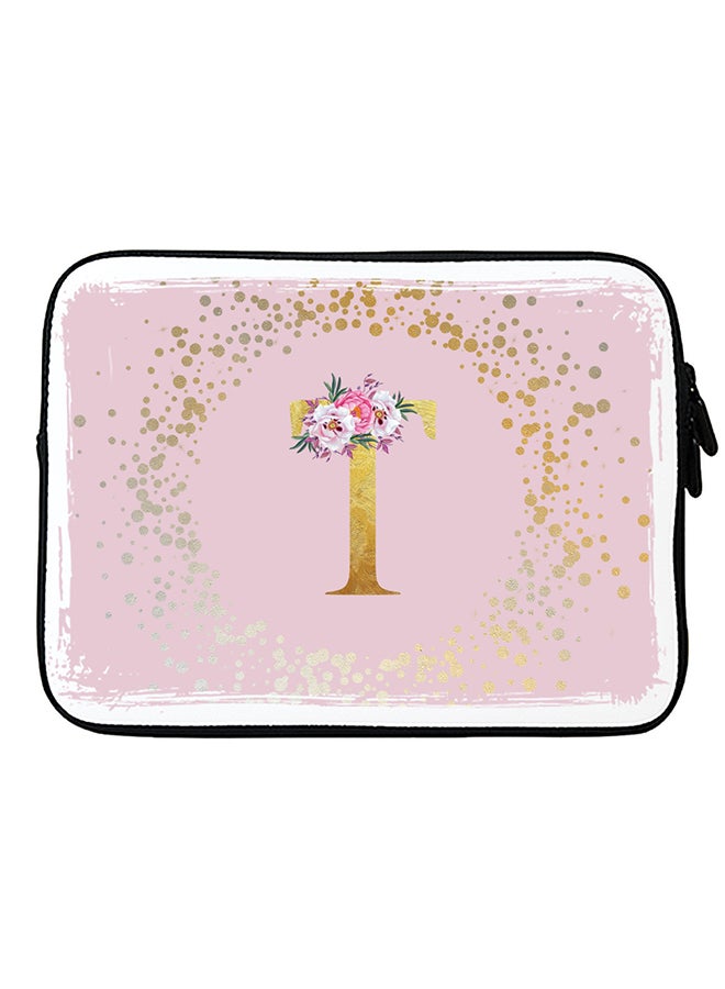 Stylizedd Laptop Sleeve Bag for Macbook 13, 14, 15, 16 inch- Custom Monogram Initial Letter Floral Pattern Alphabet - T  (Pink)  - Image 1