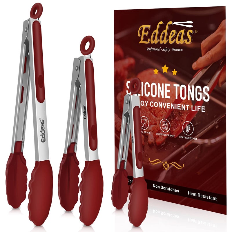 EDDEAS Tongs For Cooking  79 and 12 inch Kitchen Tong with Silicone TipHeat Resistant 600 Degrees Metal Locking Tongs  for cookingSalad and BarbecueRed Set of 3