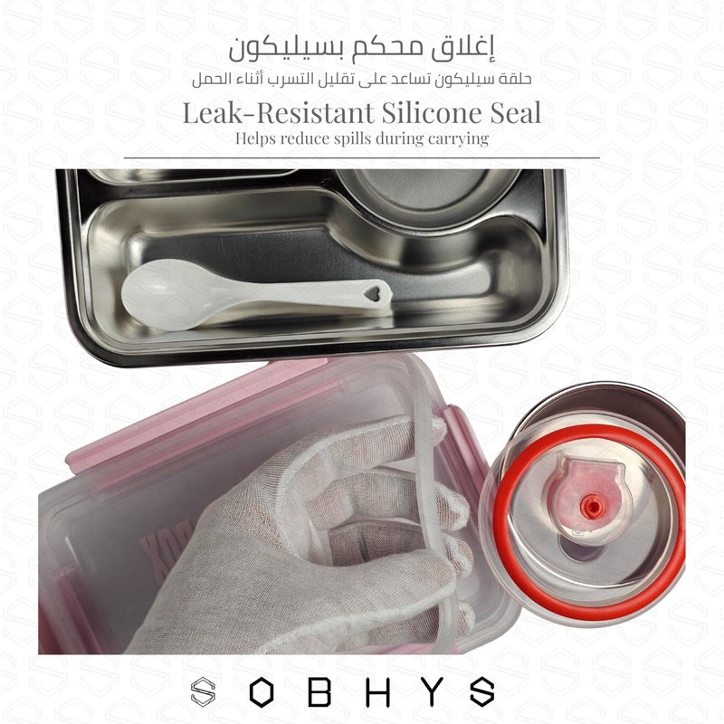 SOBHYS Stainless Steel Lunch Box with Removable Inner Tray, Sauce Container, Spoon, Silicone Seal, 19x14x5 cm, eusable for School, Work & Travel – SOBHYS (Pink) - Image 4