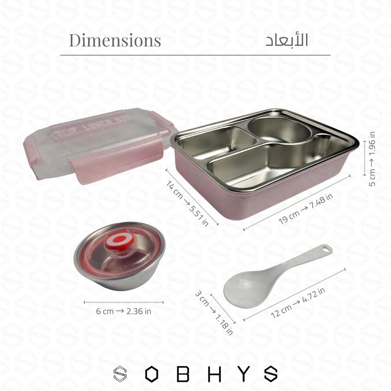SOBHYS Stainless Steel Lunch Box with Removable Inner Tray, Sauce Container, Spoon, Silicone Seal, 19x14x5 cm, eusable for School, Work & Travel – SOBHYS (Pink) - Image 2