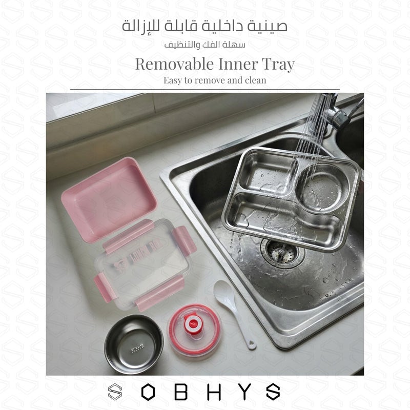 SOBHYS Stainless Steel Lunch Box with Removable Inner Tray, Sauce Container, Spoon, Silicone Seal, 19x14x5 cm, eusable for School, Work & Travel – SOBHYS (Pink) - Image 5