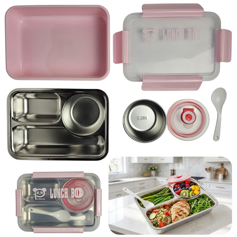 SOBHYS Stainless Steel Lunch Box with Removable Inner Tray, Sauce Container, Spoon, Silicone Seal, 19x14x5 cm, eusable for School, Work & Travel – SOBHYS (Pink) - Image 1