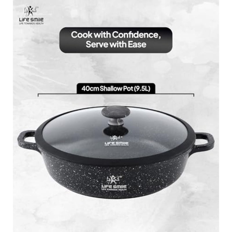 40cm Granite Nonstick Shallow Pot with Glass Lid Induction Compatible Cooking Pot Black - Image 3