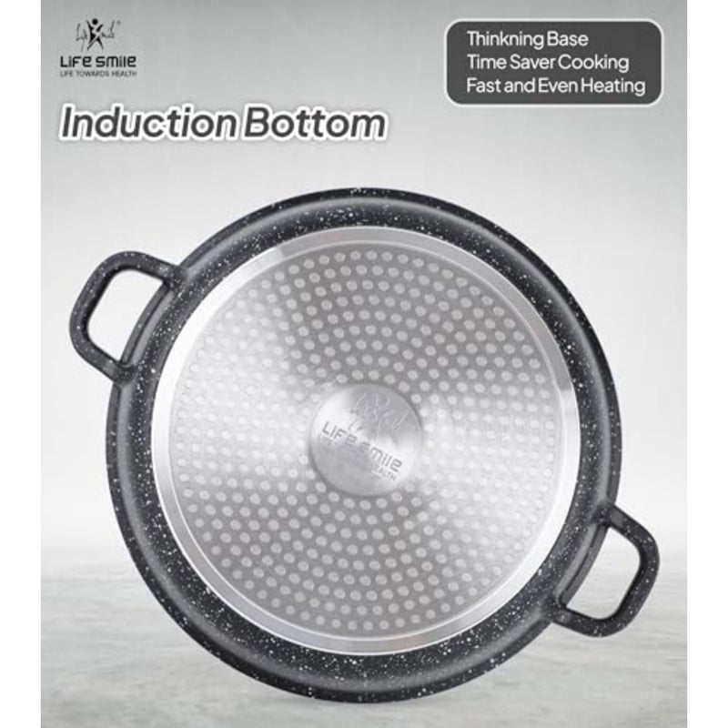 40cm Granite Nonstick Shallow Pot with Glass Lid Induction Compatible Cooking Pot Black - Image 2