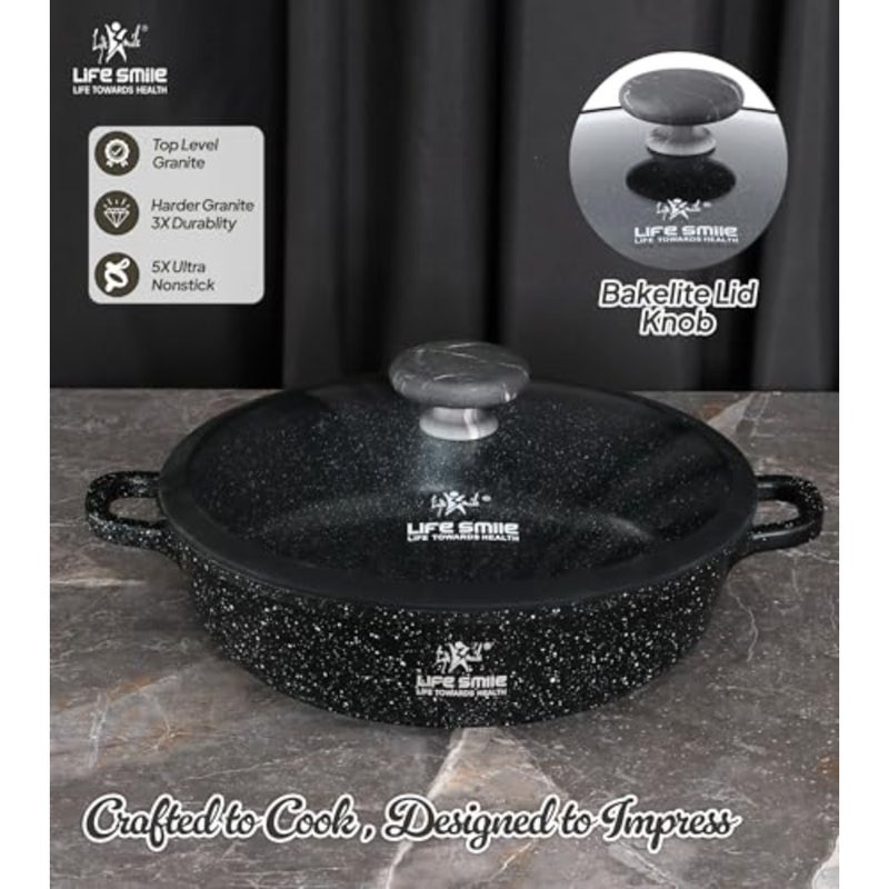 40cm Granite Nonstick Shallow Pot with Glass Lid Induction Compatible Cooking Pot Black - Image 5
