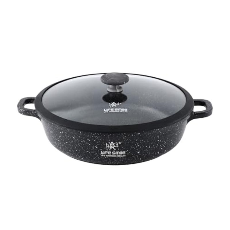 40cm Granite Nonstick Shallow Pot with Glass Lid Induction Compatible Cooking Pot Black - Image 1