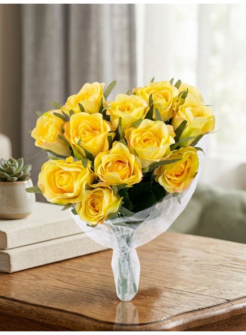 Droplyte 8 Pieces Vibrant Yellow Artificial Roses, Faux Silk Floral Arrangement for Weddings, Parties, and Centerpieces - Image 2