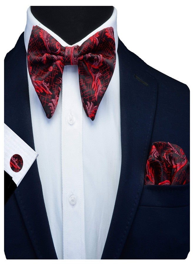 GUSLESON Floral Red Bow Ties for Men Silk Black Pre-tied Big Bowtie and Pocket Square Cufflink Set (0617-04) - Image 1