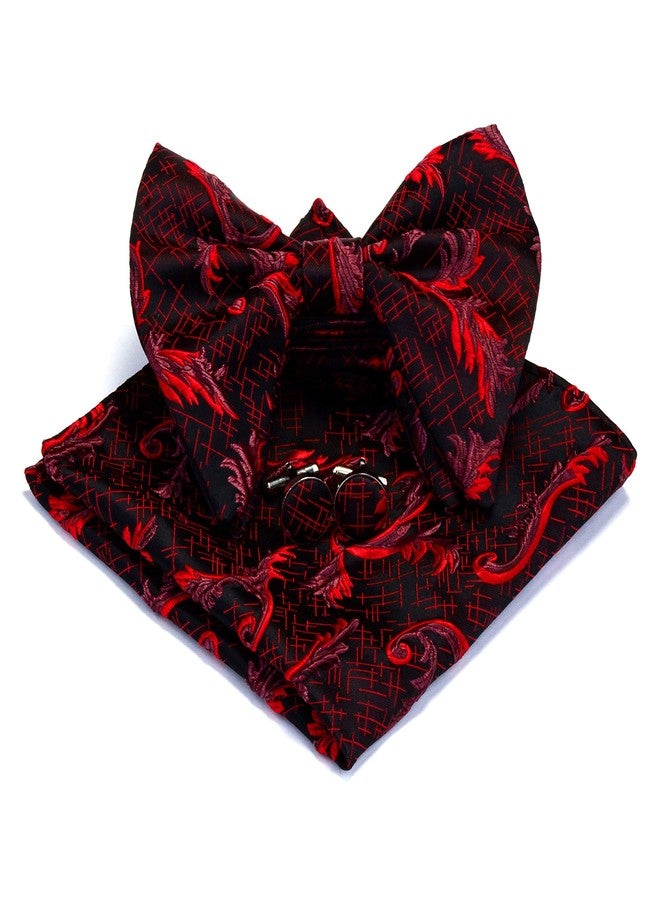 GUSLESON Floral Red Bow Ties for Men Silk Black Pre-tied Big Bowtie and Pocket Square Cufflink Set (0617-04) - Image 3