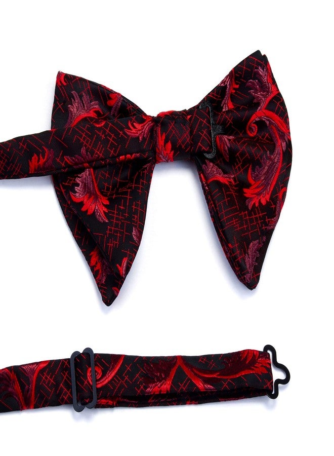 GUSLESON Floral Red Bow Ties for Men Silk Black Pre-tied Big Bowtie and Pocket Square Cufflink Set (0617-04) - Image 4