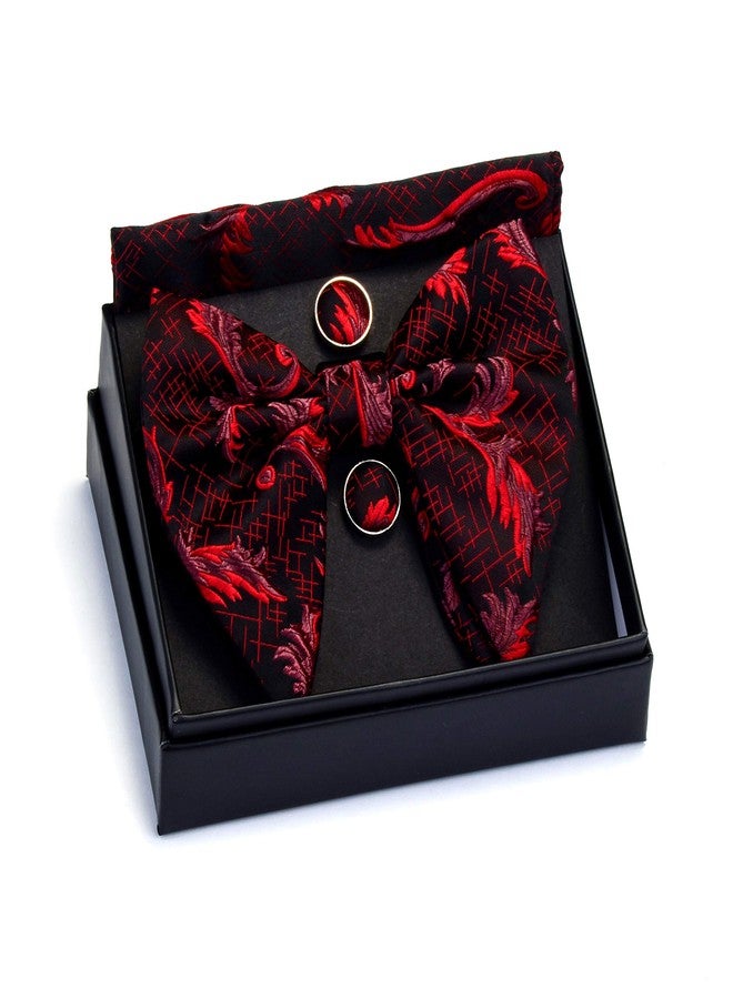 GUSLESON Floral Red Bow Ties for Men Silk Black Pre-tied Big Bowtie and Pocket Square Cufflink Set (0617-04) - Image 2