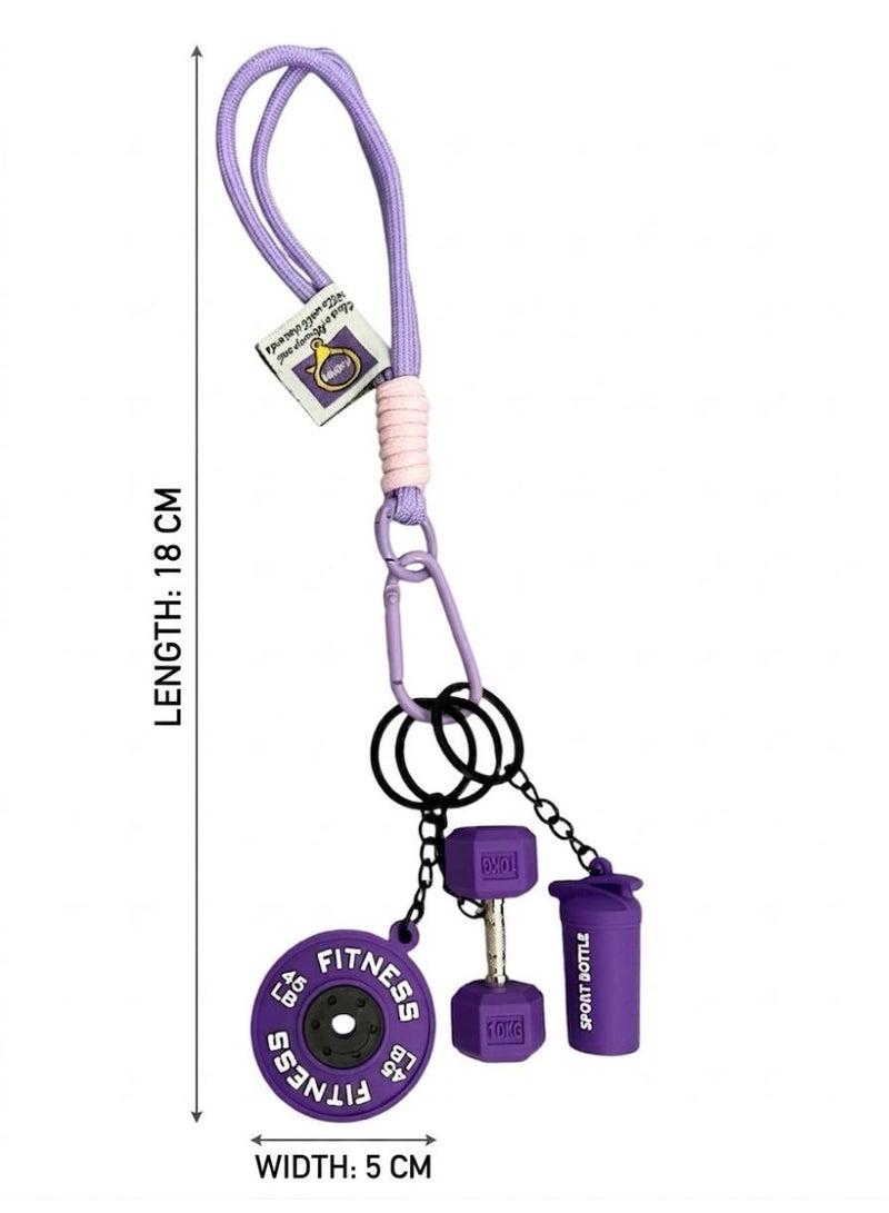 Aura Style 4-in-1 Fitness Keychain - Purple Gym Bag Charm with Dumbbell, Shaker & Weight Plate – Professional Sporty Keychain for Women - Image 3