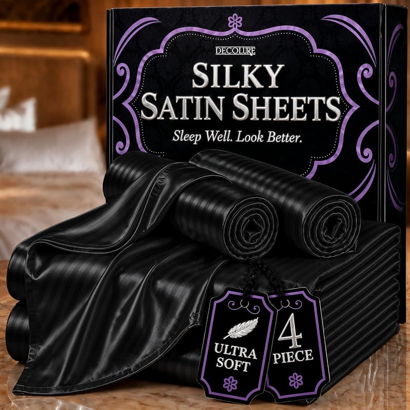 DECOLURE Striped Satin Sheet Queen Set 4pc - Luxurious Silk Feel Sheets - All-Season Silky Soft Queen Size Bed Sheets With Deep Pocket Fitted Sheet, Flat Sheet and Pillowcase (Black) - Image 1