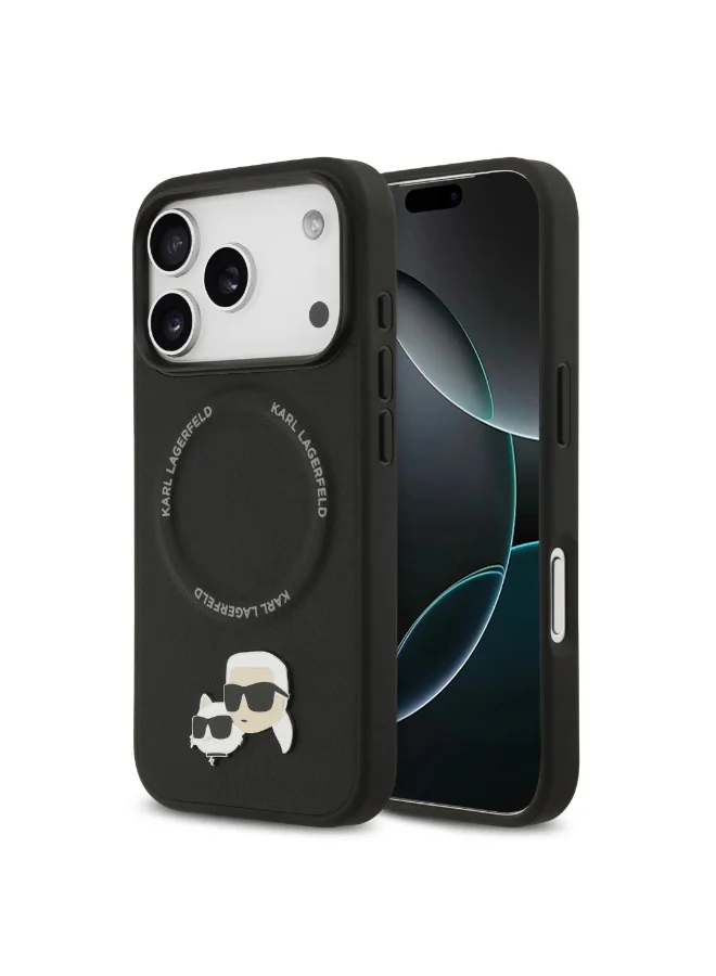 كارل لاغرفيلد iPhone 17 Pro MagSafe Case / PU Leather Case With Karl & Choupette Head Pins / Black