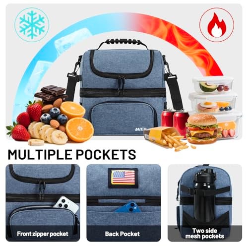 MIER Dual Compartment Lunch Bag Tote with Shoulder Strap for Men and Women Insulated Leakproof Cooler Bag, Bluesteel - Image 3