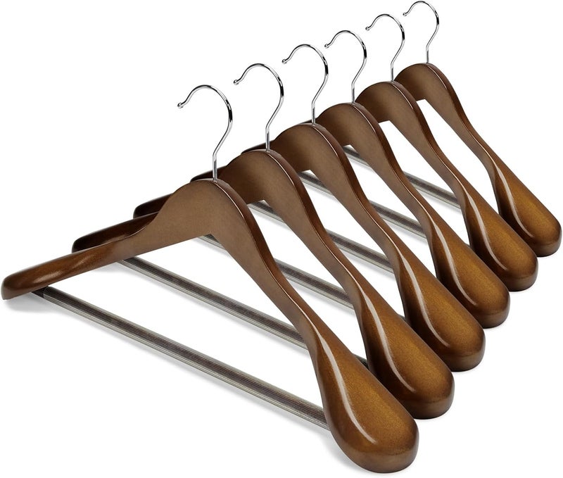 HOUSE DAY 6 Pack Wide Shoulder Wooden Hangers with Non-Slip Pants Bar and 360Â° Swivel Hook - Walnut - Image 1