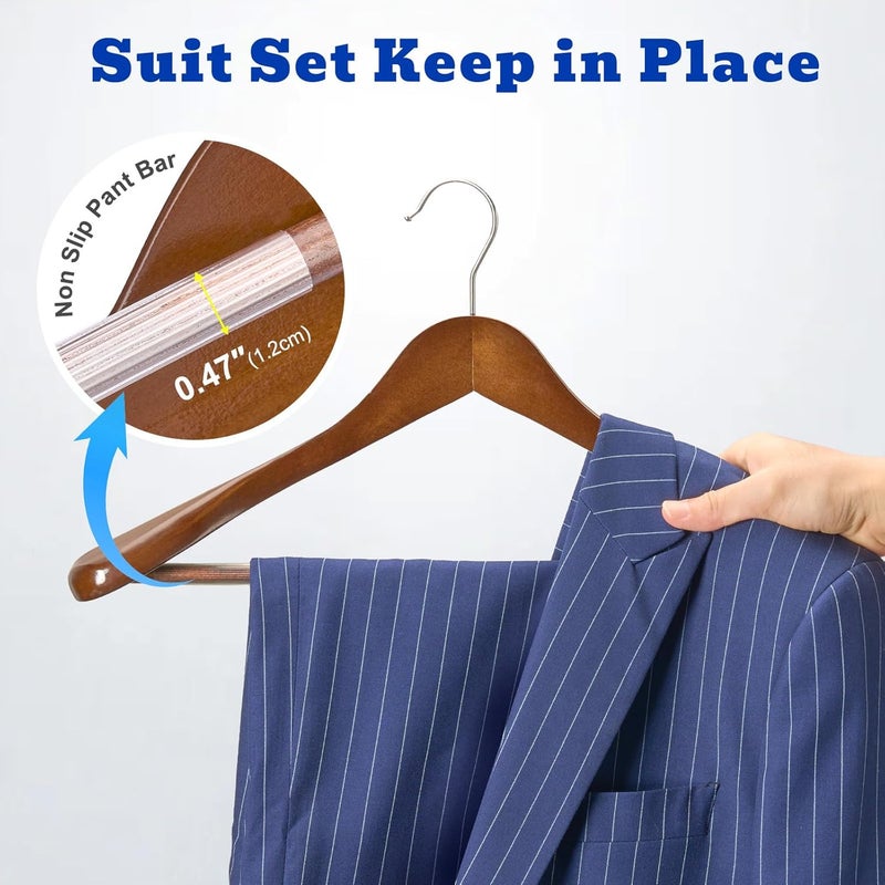 HOUSE DAY 6 Pack Wide Shoulder Wooden Hangers with Non-Slip Pants Bar and 360Â° Swivel Hook - Walnut - Image 4