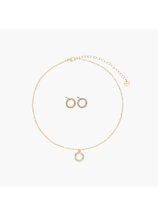 لايف ستايل Set of 2 - Gold Tone Embellished Pendant Necklace and Earrings