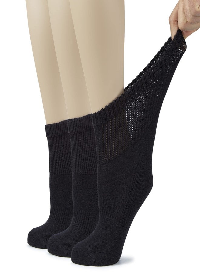 Hugh Ugoli Women's Cotton Diabetic Ankle Socks, Wide, Loose & Stretchy, Seamless Toe & Non Binding Top, Semi Cushion, 3 Pairs, Black, Shoe Size: 6-9 - Image 1