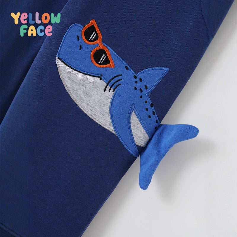 Boys Cartoon Shark Embroidery Cuffed Sweatpants - Image 4