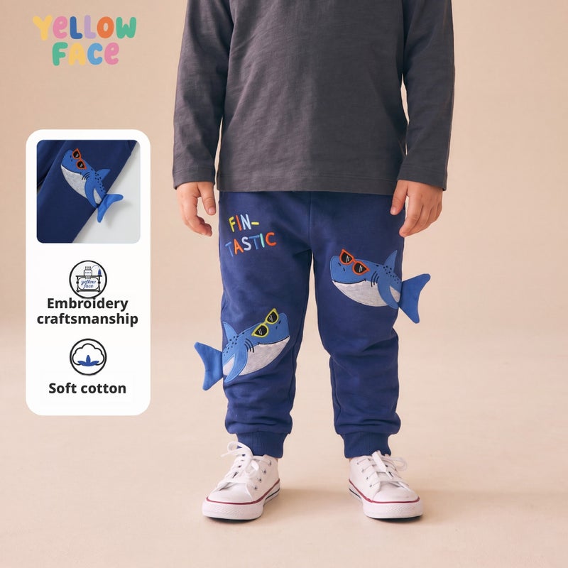 Boys Cartoon Shark Embroidery Cuffed Sweatpants - Image 1