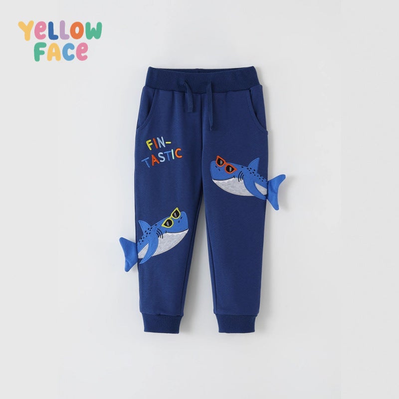 Boys Cartoon Shark Embroidery Cuffed Sweatpants - Image 2