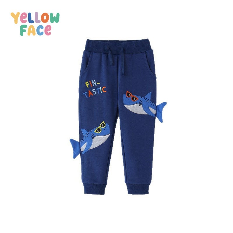 Boys Cartoon Shark Embroidery Cuffed Sweatpants - Image 5