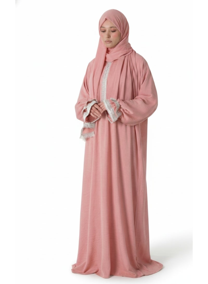 KESSAA Larin Women’s Premium Prayer Isdal – Luxury Silk-Cotton Full-Coverage Salah Dress with Integrated Head Scarf | Lightweight, Breathable, Modest Wear for Home, Travel & Mosque – Pink - Image 1
