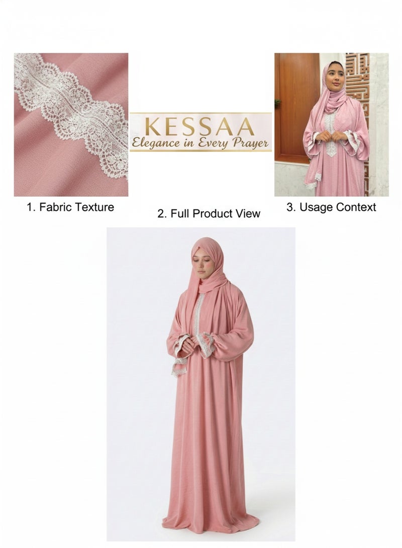KESSAA Larin Women’s Premium Prayer Isdal – Luxury Silk-Cotton Full-Coverage Salah Dress with Integrated Head Scarf | Lightweight, Breathable, Modest Wear for Home, Travel & Mosque – Pink - Image 3