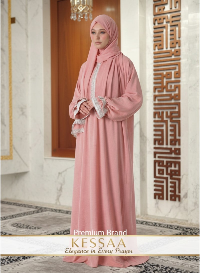 KESSAA Larin Women’s Premium Prayer Isdal – Luxury Silk-Cotton Full-Coverage Salah Dress with Integrated Head Scarf | Lightweight, Breathable, Modest Wear for Home, Travel & Mosque – Pink - Image 4
