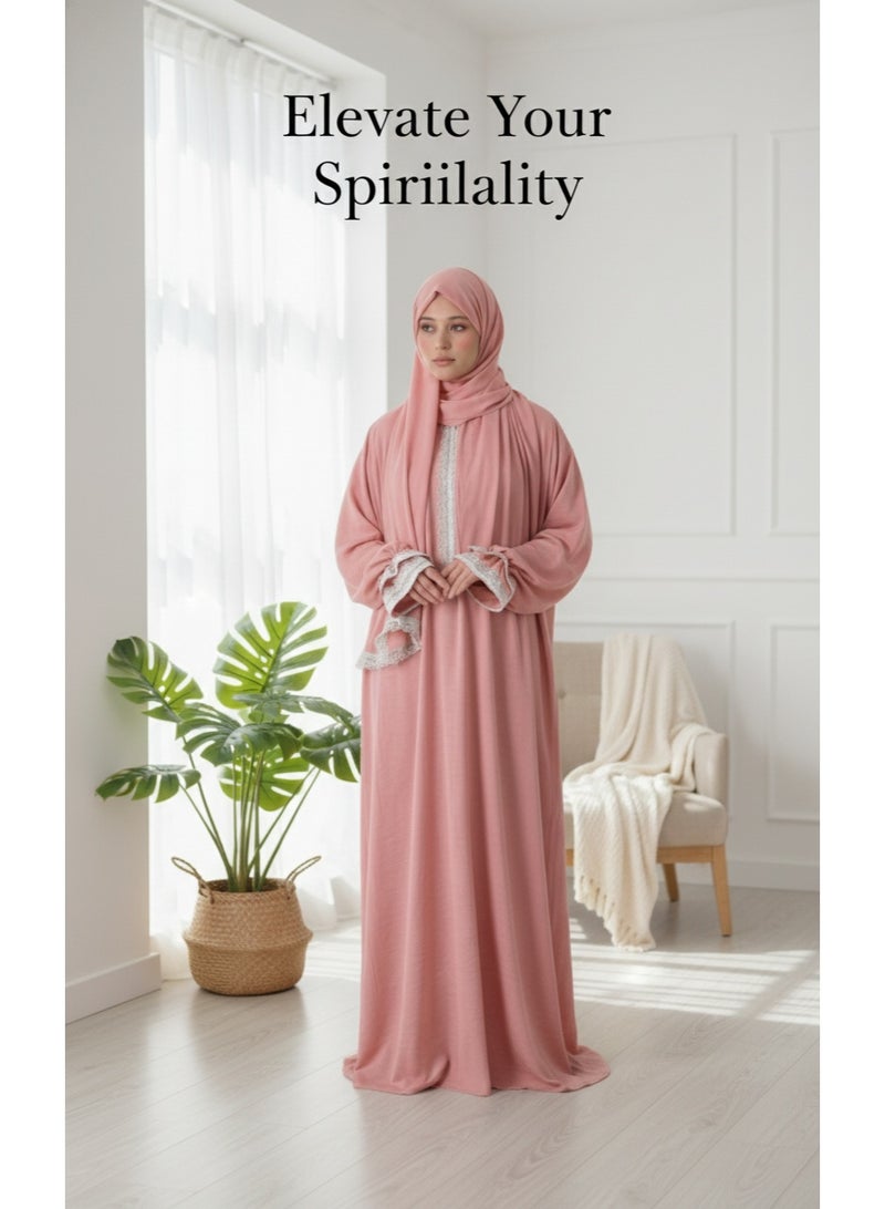 KESSAA Larin Women’s Premium Prayer Isdal – Luxury Silk-Cotton Full-Coverage Salah Dress with Integrated Head Scarf | Lightweight, Breathable, Modest Wear for Home, Travel & Mosque – Pink - Image 2