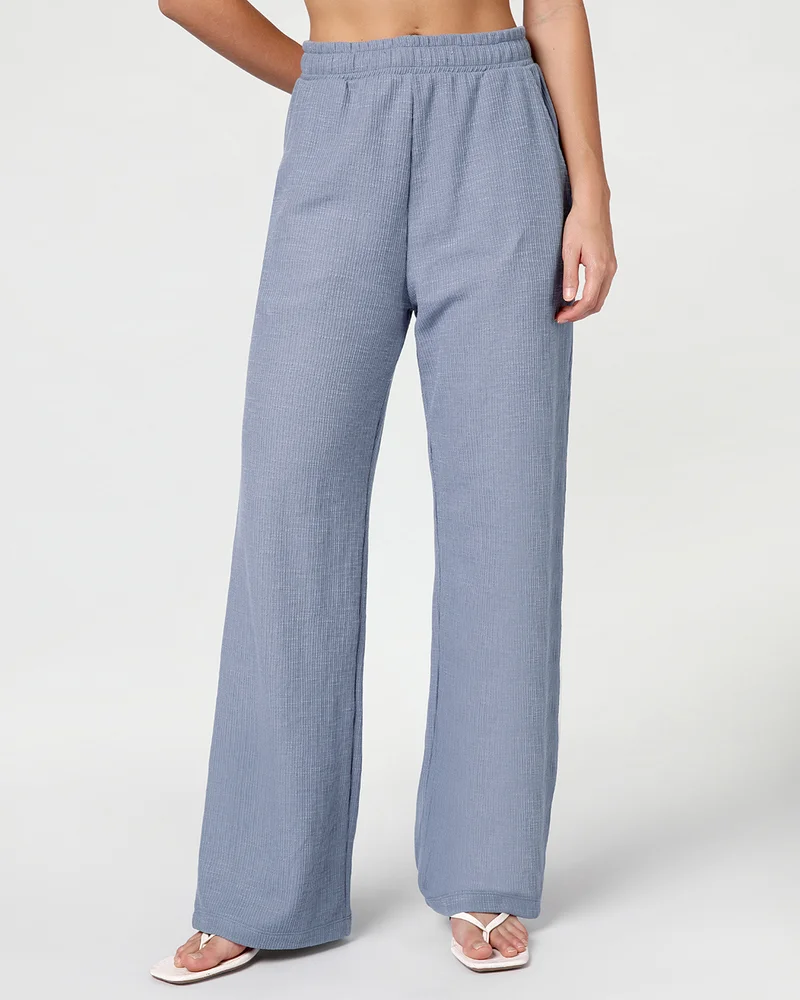 Women's Light Blue Straight Fit Textured Easy Pants