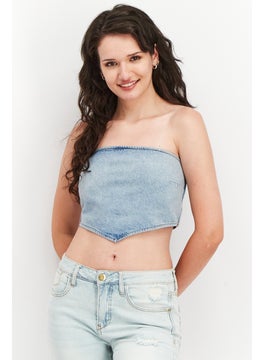 NA-KD Women Straight Across Strapless Denim Tube Top, Light Blue  - Image 1