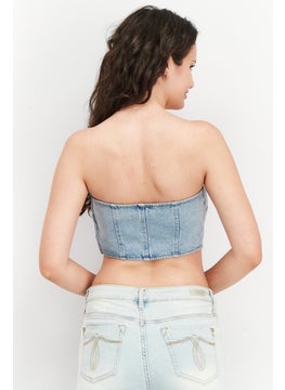 NA-KD Women Straight Across Strapless Denim Tube Top, Light Blue  - Image 2