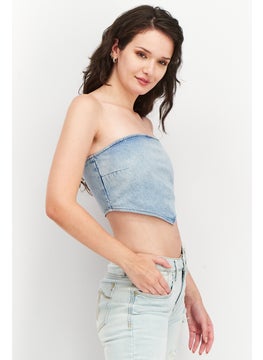 NA-KD Women Straight Across Strapless Denim Tube Top, Light Blue  - Image 3
