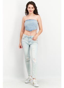 NA-KD Women Straight Across Strapless Denim Tube Top, Light Blue  - Image 4