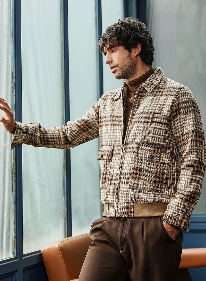 CAHOOT  Men's Khaki Beige Zip-Front Plaid Jacket for Men | Best Price UAE
