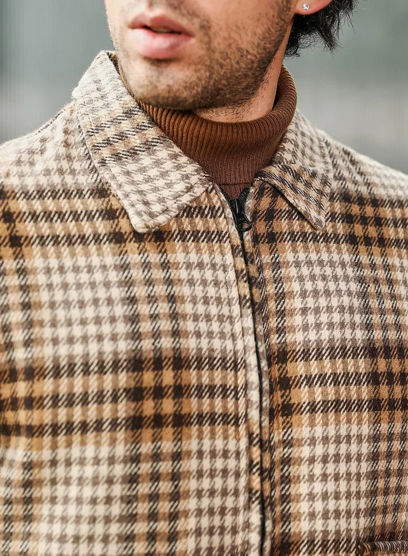 CAHOOT  Men's Khaki Beige Zip-Front Plaid Jacket for Men | Best Price UAE
