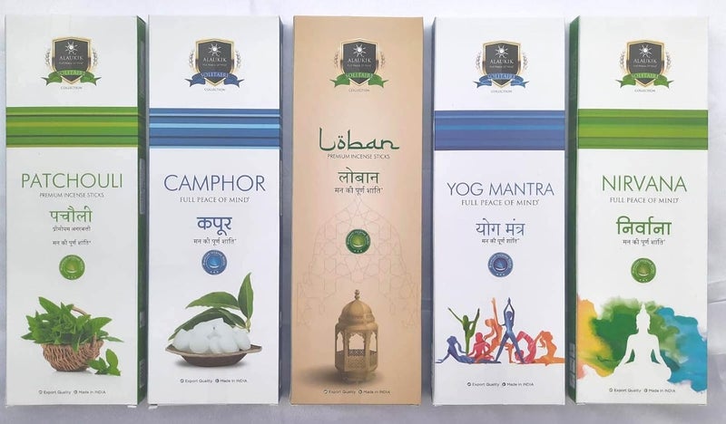Compatible Aalaukik Solitaire Incense Sticks for Pooja Combo Pack of 5 - Patchouli, Camphor, Loban, YOG Mantra, Nirvana (90 GMS x 5=450 GMS) | Approx 55 Sticks per Pouch  - Image 1