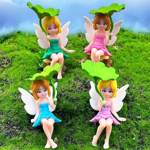 Suartus Miniature Fairy Figurines - 4Pcs Small Flower Fairies Ornaments Resin Mini Fairy Figurines Tiny Elf for DIY Fairy Garden Flower Pot Bonsai Micro Landscapes Craft Decoration Accessories (lotus leaf) - Image 1