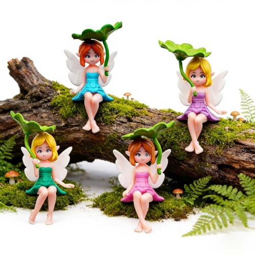 Suartus Miniature Fairy Figurines - 4Pcs Small Flower Fairies Ornaments Resin Mini Fairy Figurines Tiny Elf for DIY Fairy Garden Flower Pot Bonsai Micro Landscapes Craft Decoration Accessories (lotus leaf) - Image 5