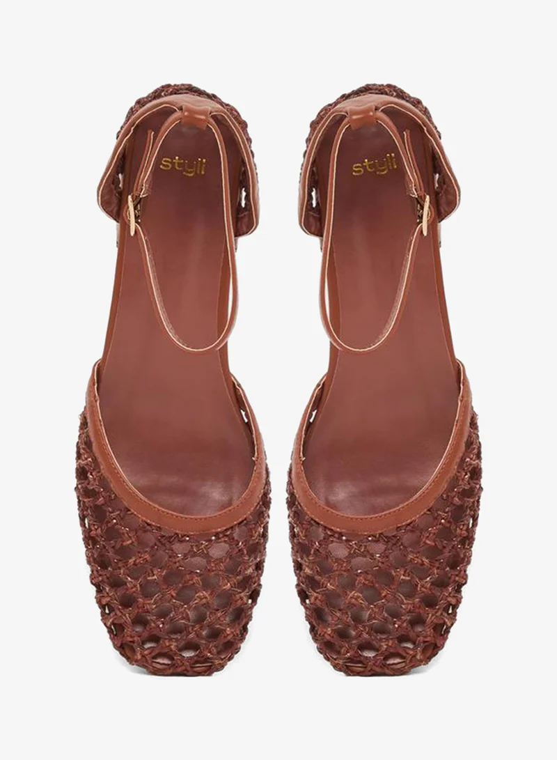 Styli  Brown Woven Ankle Strap Block Heel Shoes for Women | Best Price UAE