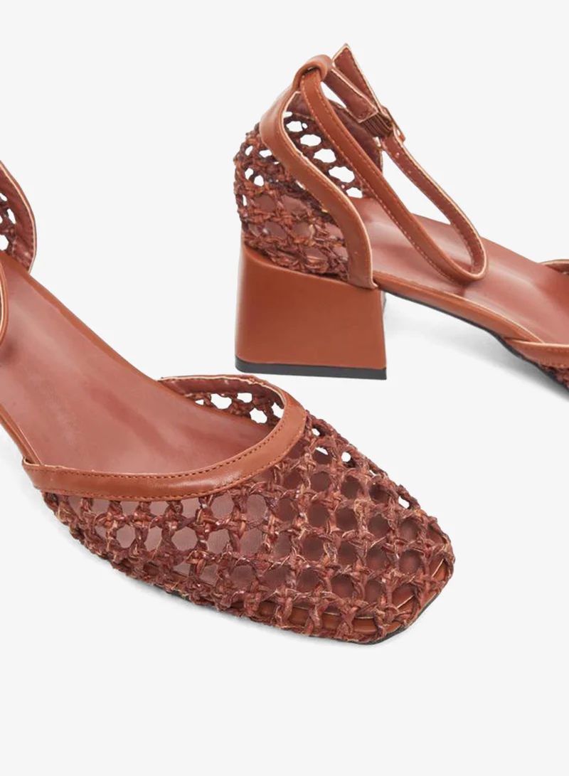 Styli  Brown Woven Ankle Strap Block Heel Shoes for Women | Best Price UAE