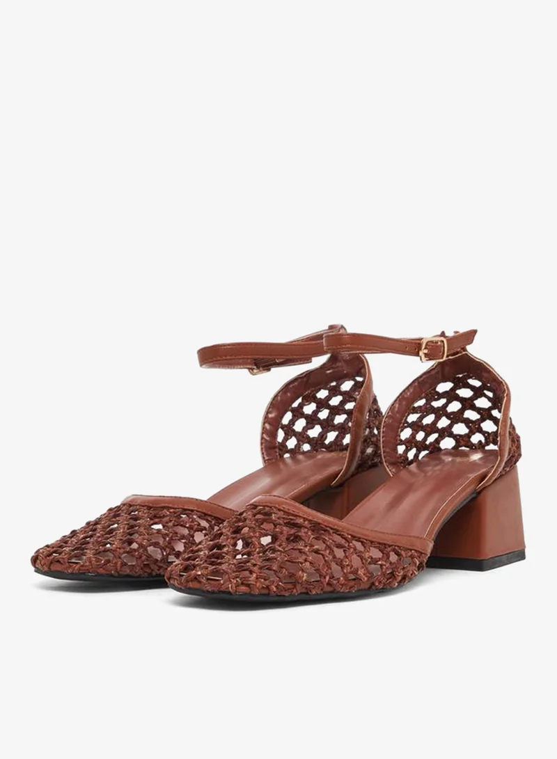 Styli  Brown Woven Ankle Strap Block Heel Shoes for Women | Best Price UAE