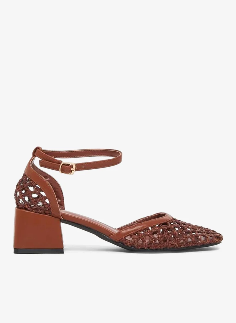 Brown Woven Ankle Strap Block Heel Shoes