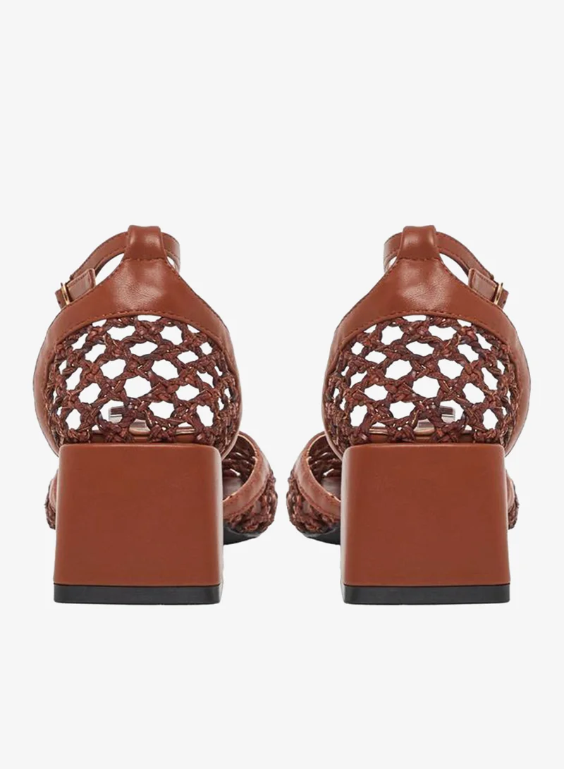 Styli  Brown Woven Ankle Strap Block Heel Shoes for Women | Best Price UAE