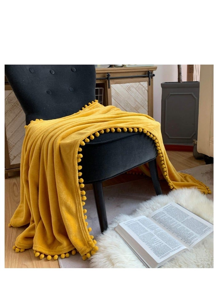 بطانية فلانيل مع حافة البومبوم بطانية سرير مريحة خفيفة الوزن بطانية رمي ناعمة تناسب أريكة أريكة مناسبة لجميع الموسم (127x159 سم) (خردل أصفر) - Image 2