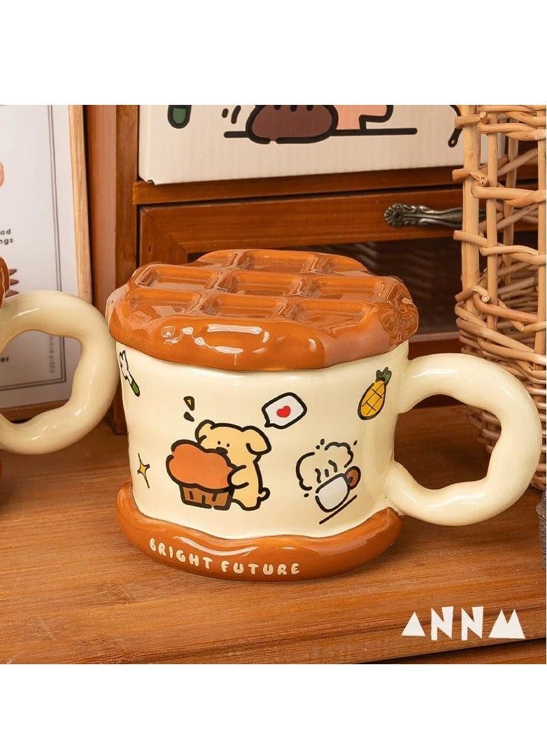 Waffle Mug With Lid Porcelain Large Capacity Cup - Image 3