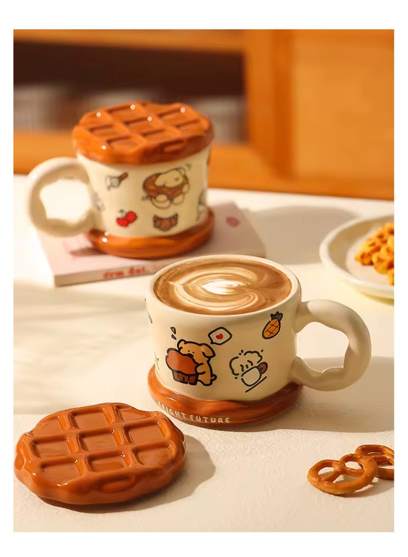 Waffle Mug With Lid Porcelain Large Capacity Cup - Image 5
